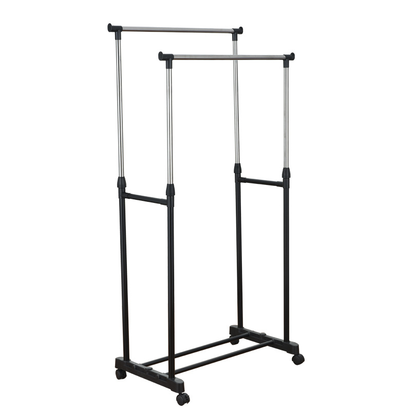 Double Rod Wardrobe Black Adjustable cloth garments rack with Lockable Wheels