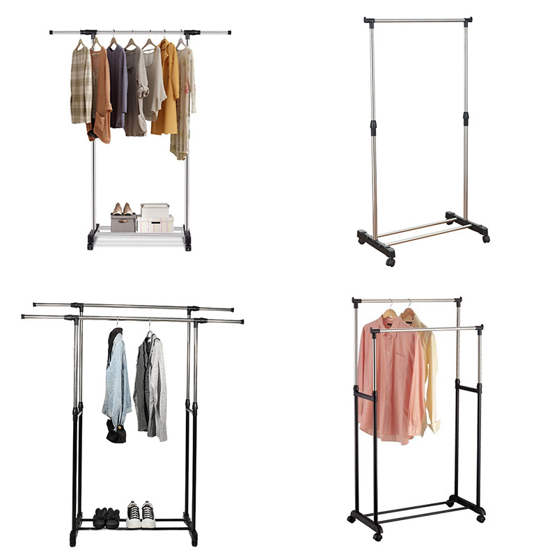 New type coat cloth garment rack double pole clothes hanger rack stand with wheels