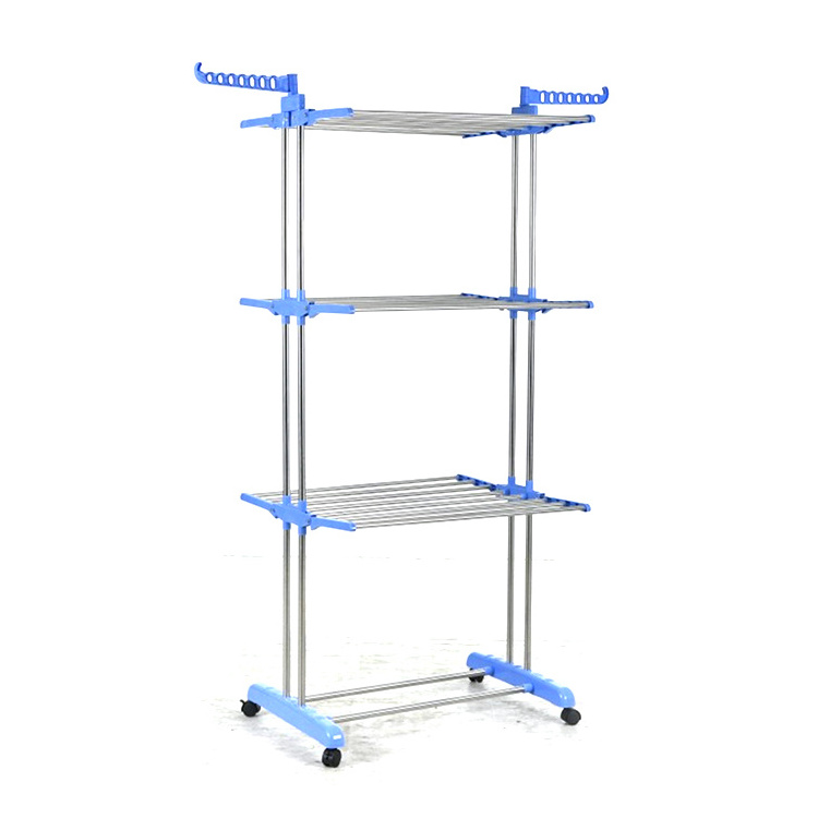 New design 3 tier airer Retractable stainless steel foldable garment cloths dryer rack with wheels