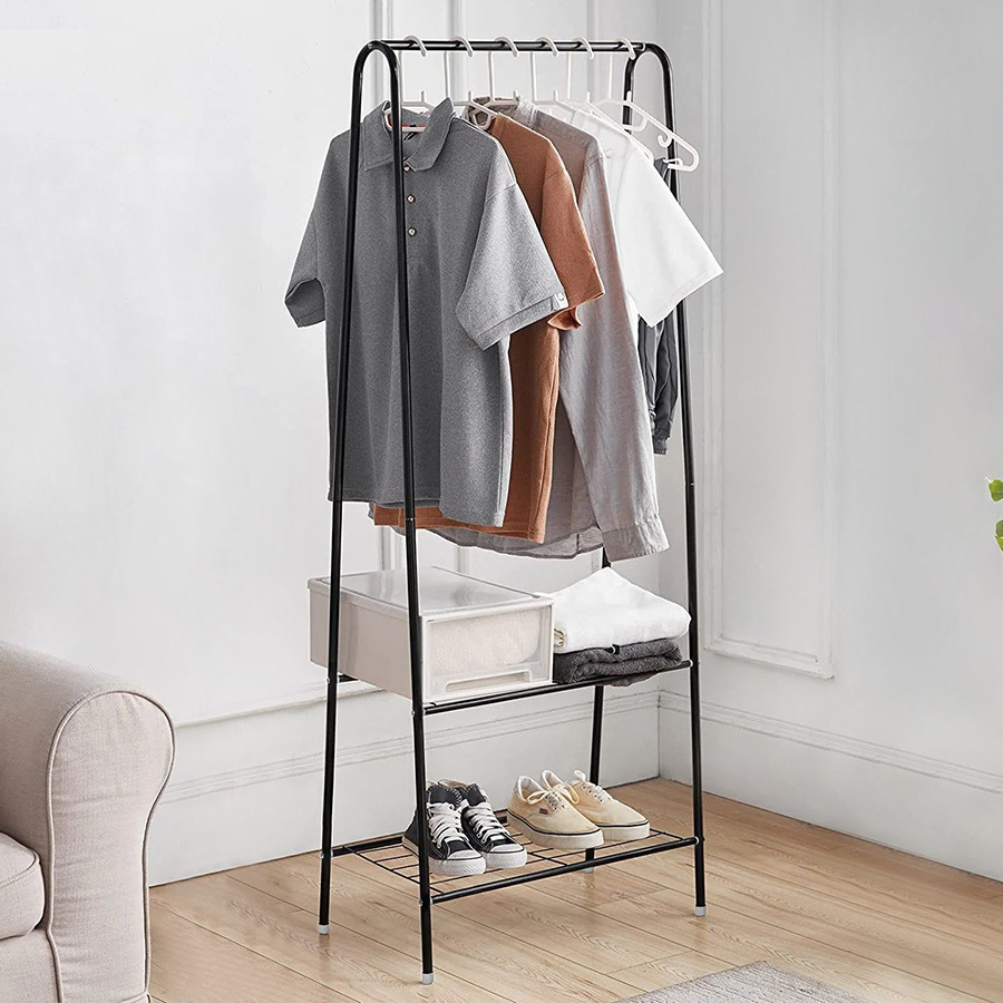 Heavy Duty Standing Clothing Coat Racks Portable Clothes Stands Metal Garment Rack with 2-tier Shelves