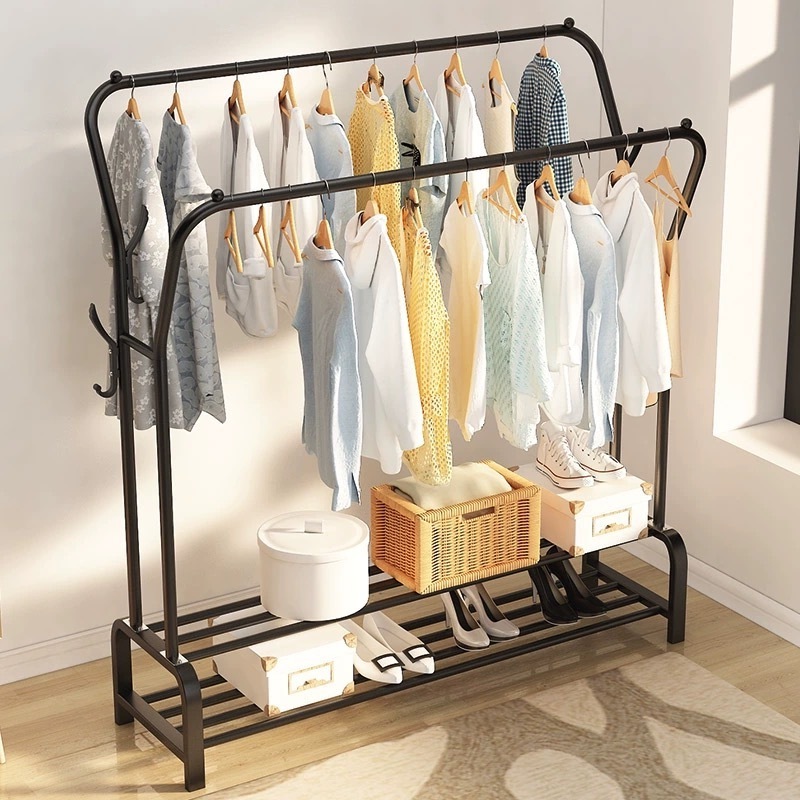 Metal Double Pole Clothes Hanger Coat Stand percheros para ropa clothing rack with bottom shelf