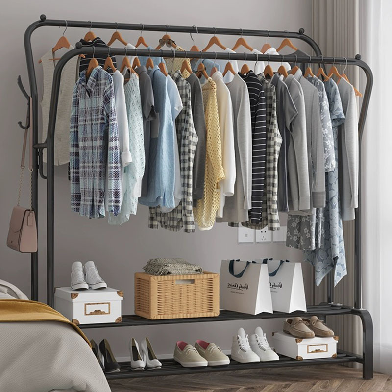 Metal Double Pole Clothes Hanger Coat Stand percheros para ropa clothing rack with bottom shelf