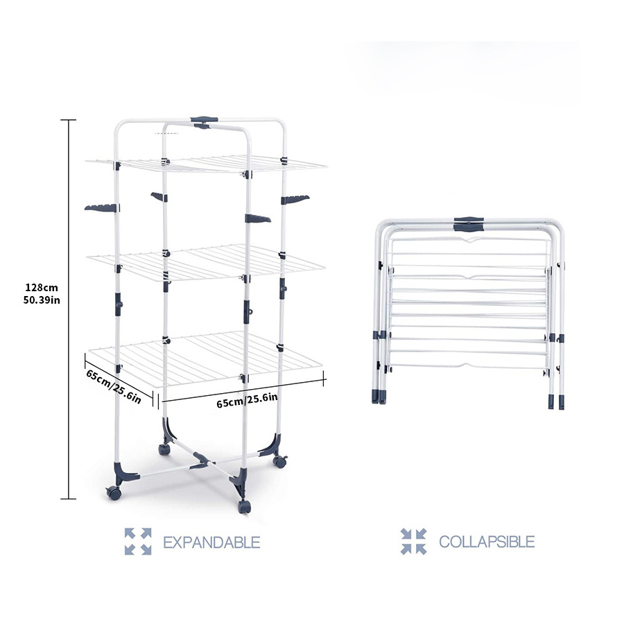 Foldable 3 tiered laundry rack household balcony tower type clothes drying rack with 4 wheels