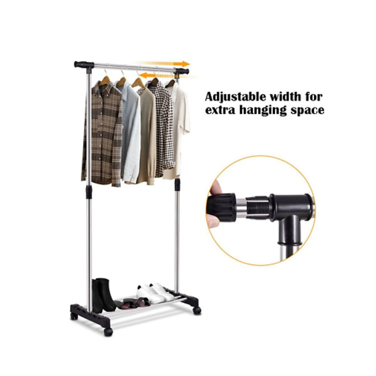 Cheap movable single pole telescopic hanger display standing rack for clothes