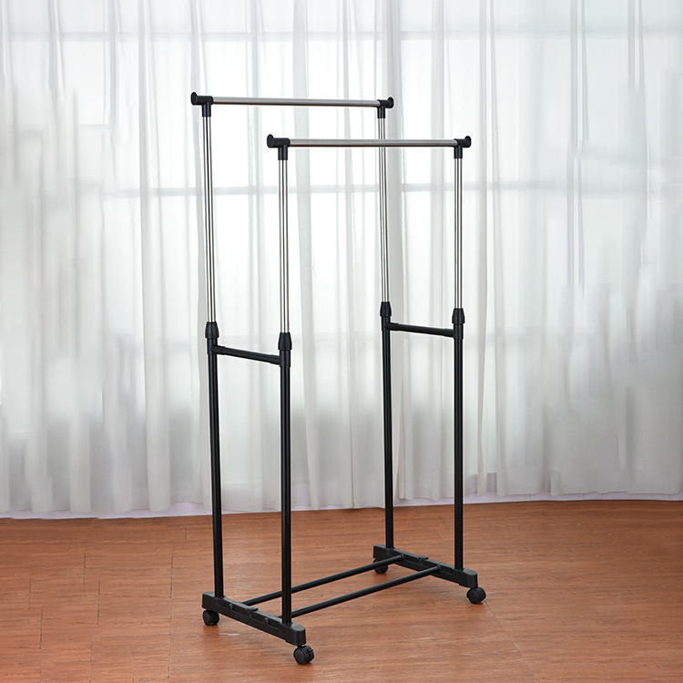 Double Rod Wardrobe Black Adjustable cloth garments rack with Lockable Wheels