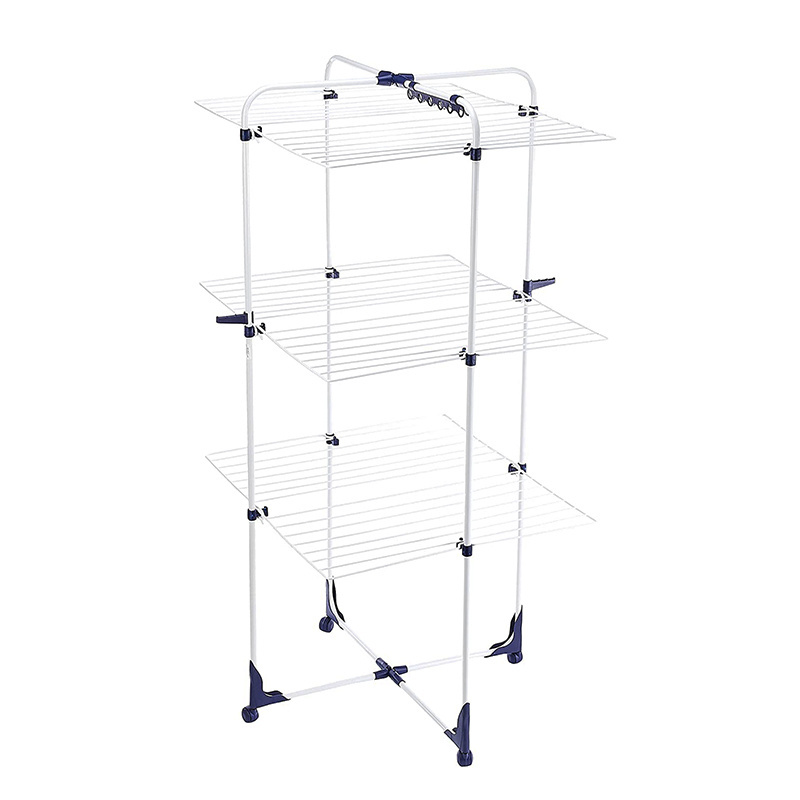 Foldable 3 tiered laundry rack household balcony tower type clothes drying rack with 4 wheels