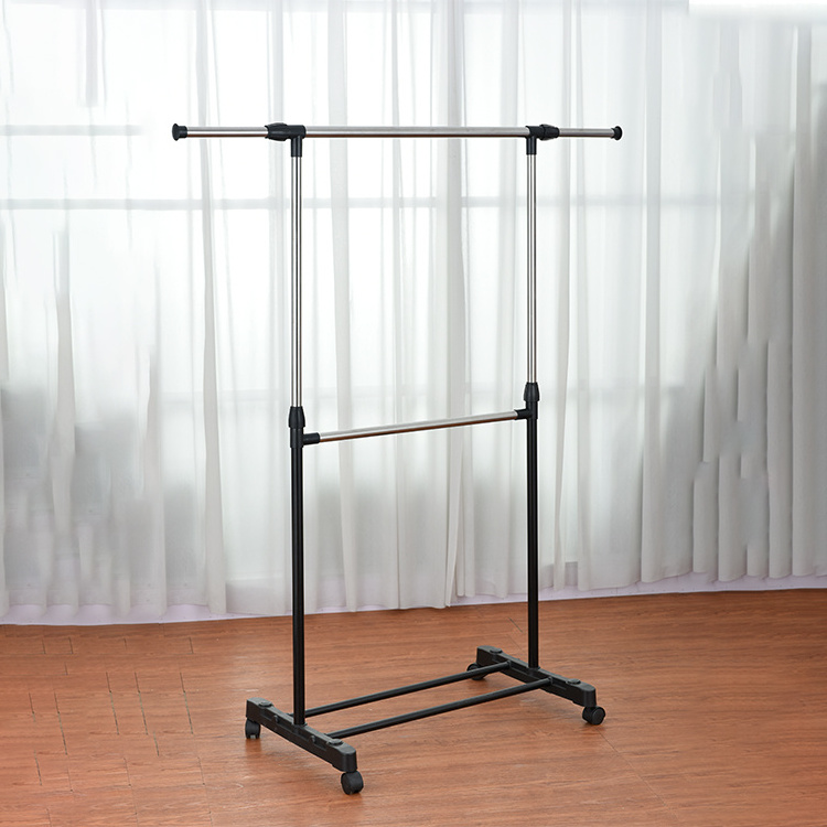 Cheap movable single pole telescopic hanger display standing rack for clothes