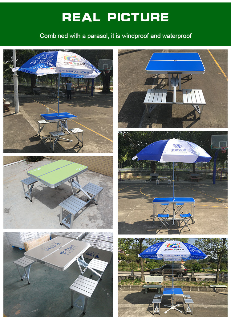 Hot Selling Outdoor Leisure Aluminum Portable Folding Camping Picnic Table With Seats Chairs And Umbrella Hole