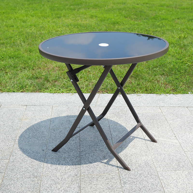 Dia 60cm 70cm 80cm Patio Side Table Folding Portable Round Bistro Coffee Table Black Glass Top