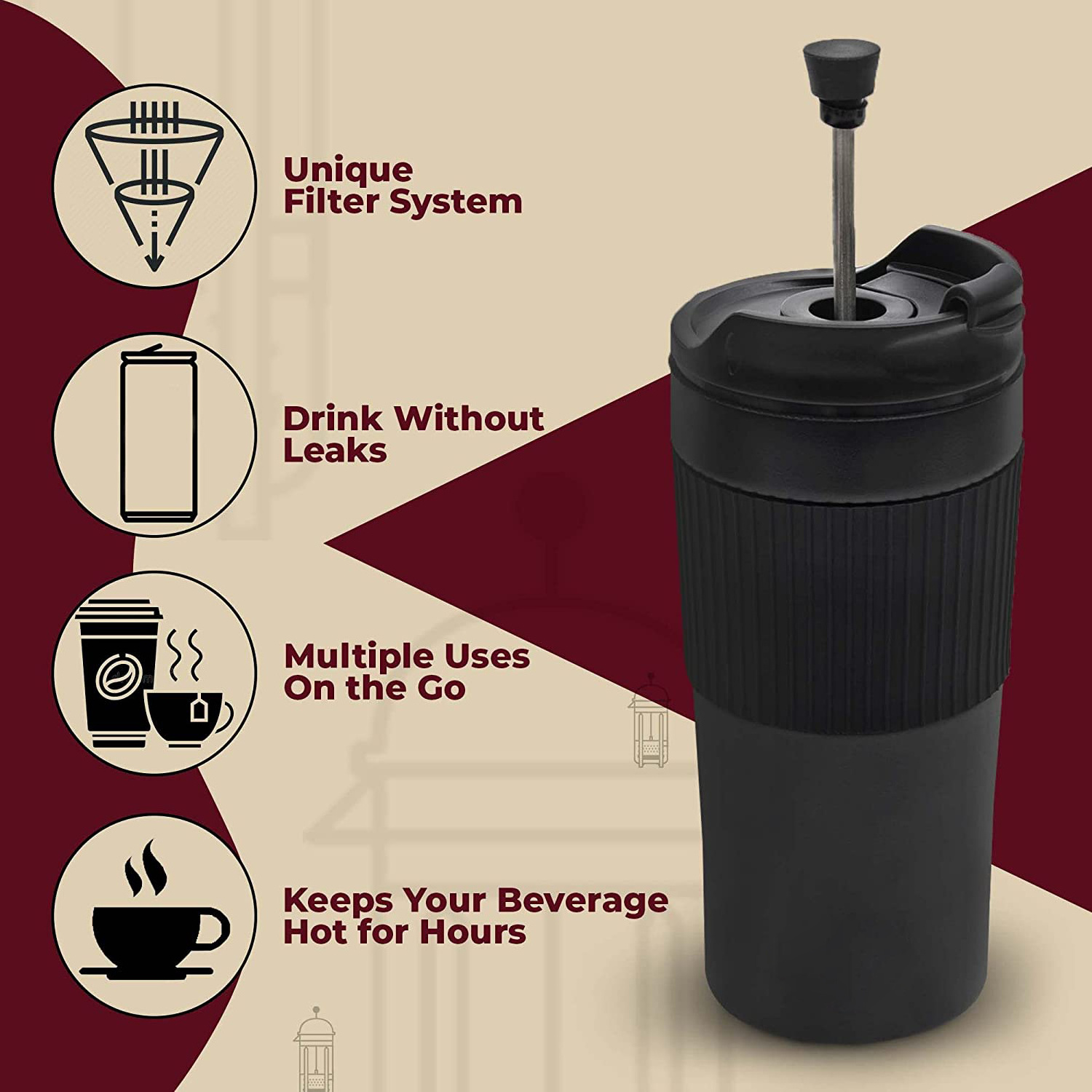 12oz 350ML Travel Vacuum Insulated Coffee French Press Mug,Tumbler With Coffee Press Plunger. Tea Press Hot Or Cold Brew