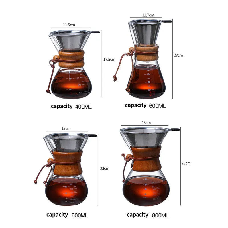 Pour Over Glass Coffee Maker 27oz Glass Coffee Dripper with Bamboo Collar and Metal Filter