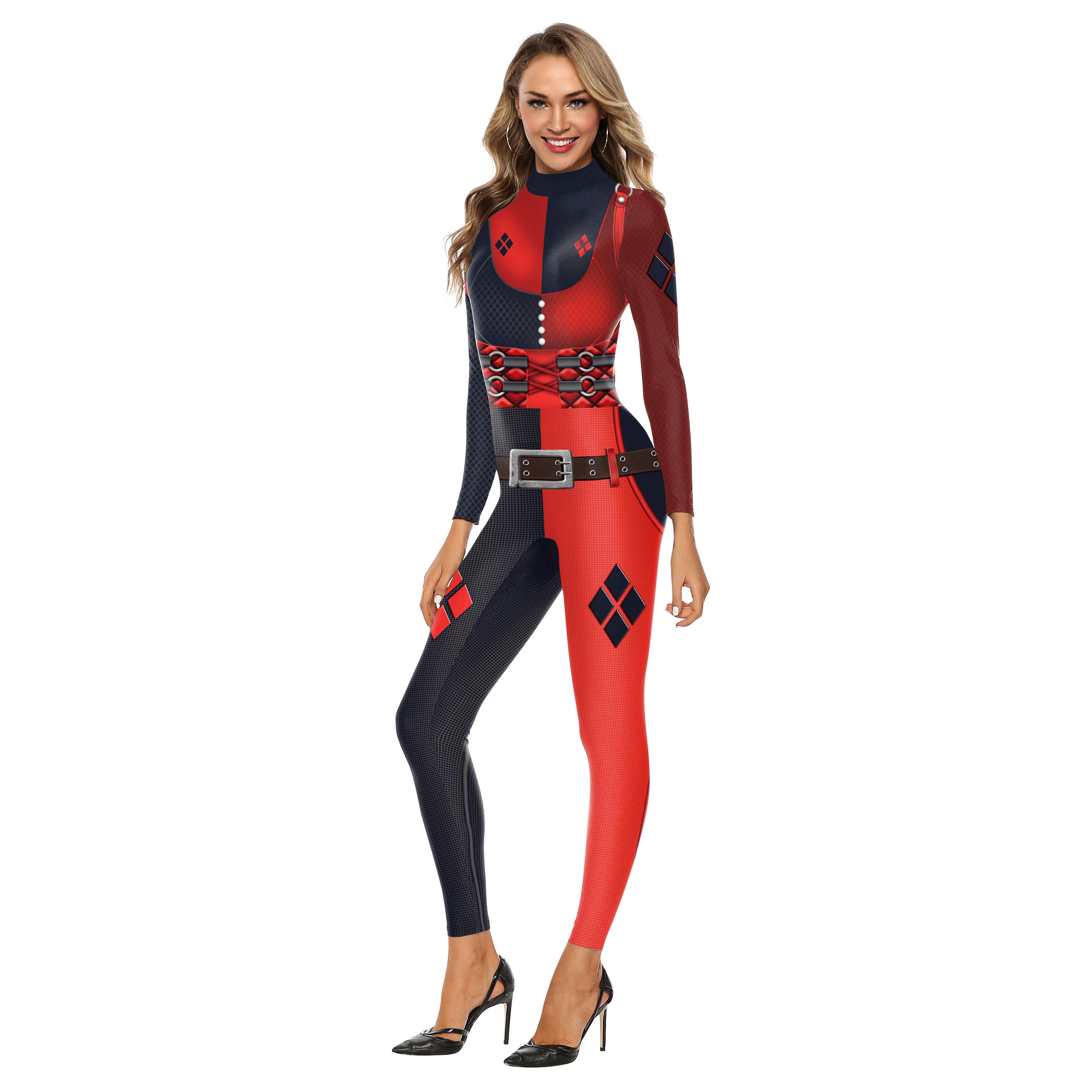 One-Piece Long Sleeve Sexy Women Red and Black Clow Pattern Cosplay Jumpsuits Print Halloween Costumes Tight Bodysuit