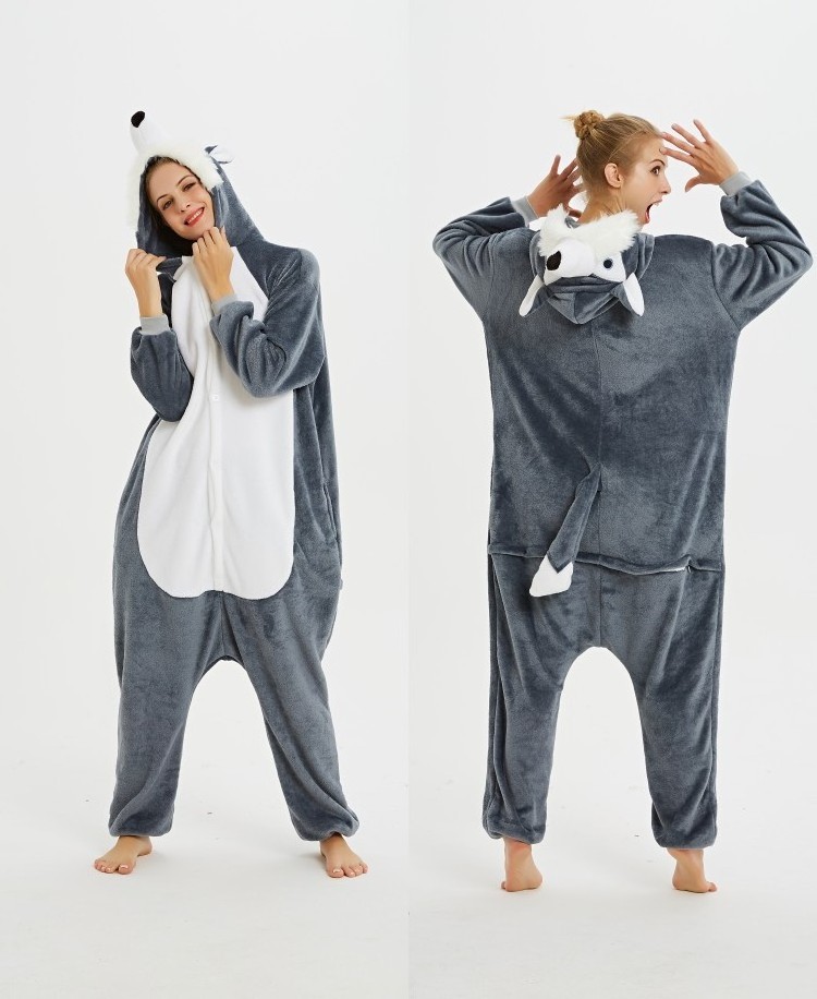 IN-STOCKED Retail Wholesale Animal Onesies  Christmas Pajamas Flannel Cartoon Costume Adults Pajamas Manufacturers Gray Dog