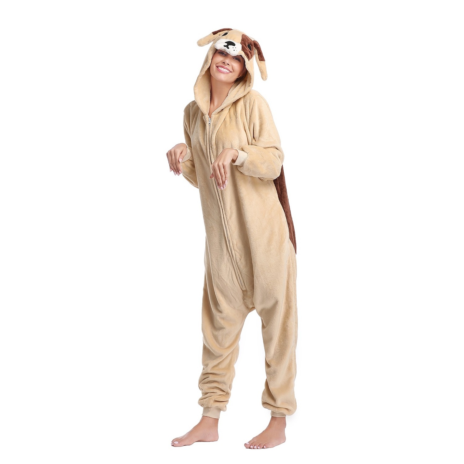 IN-STOCKED Retail Wholesale Animal Onesies  Christmas Pajamas Flannel Cartoon Costume  Beige Dog Adults Pajamas Manufacturers