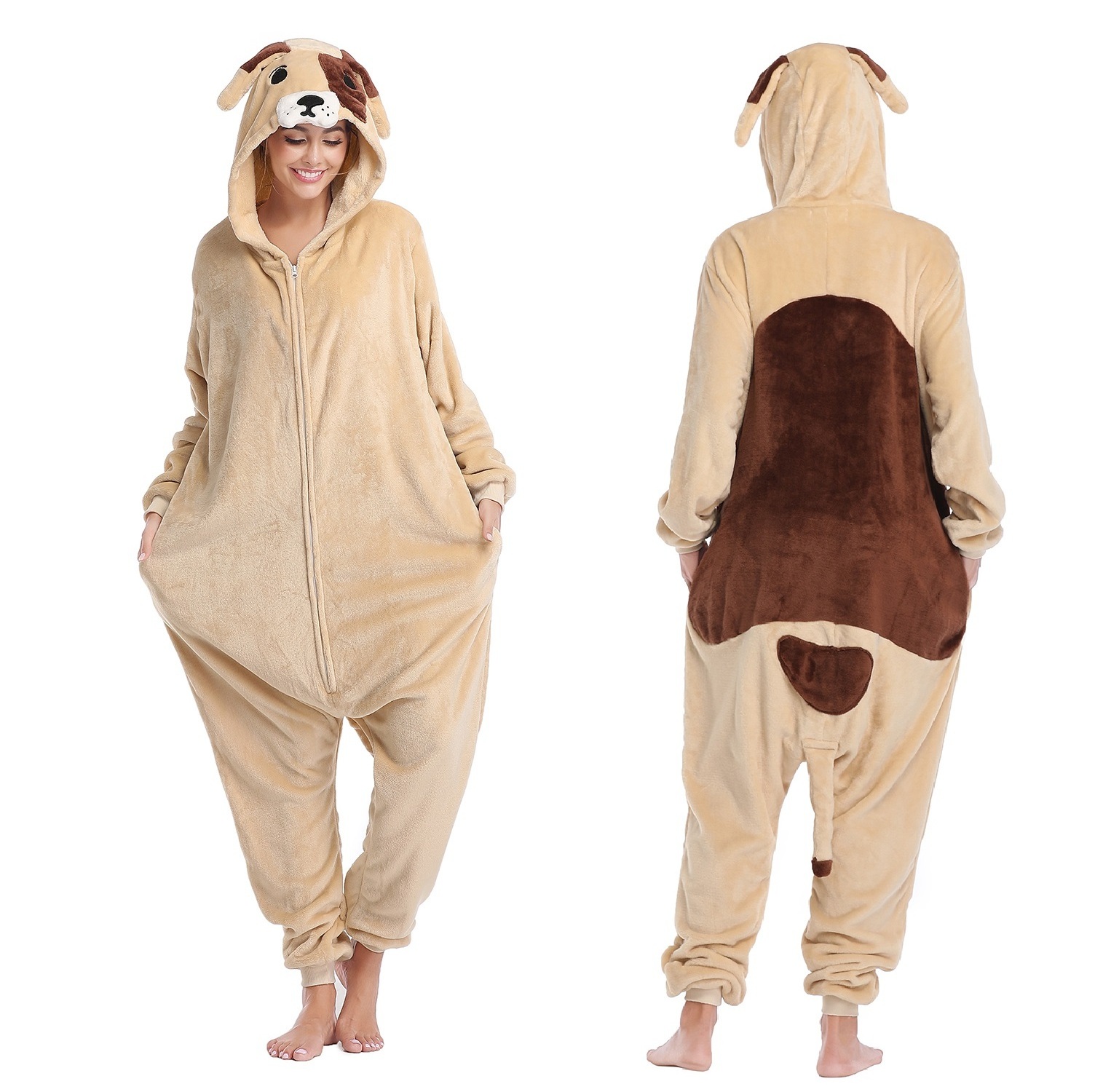 IN-STOCKED Retail Wholesale Animal Onesies  Christmas Pajamas Flannel Cartoon Costume  Beige Dog Adults Pajamas Manufacturers