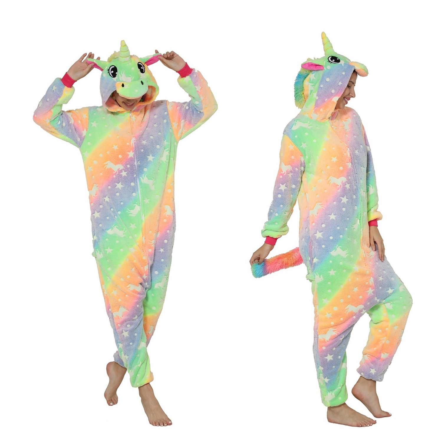 IN-STOCKED Retail Wholesale Animal Onesie Christmas Pajamas Flannel Cartoon Costume Glow at night Unicorn Family Pijama Kigurumi