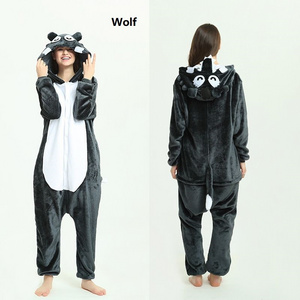 IN-STOCKED Retail Wholesale Flannel Wolf Pajamas One-piece Pajamas Cartoon Animal Onesie Party Cosplay Pyjama Animal Costume