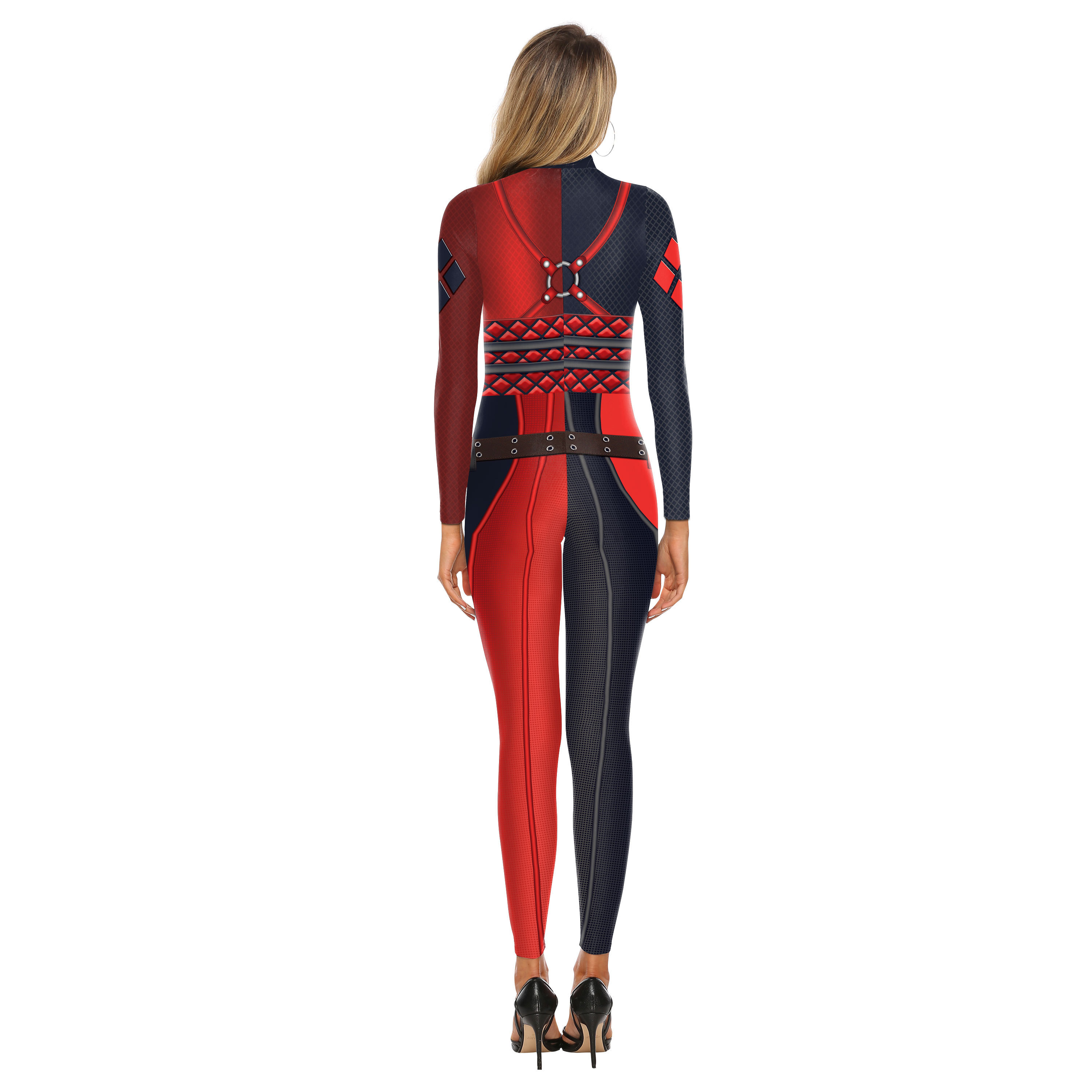 One-Piece Long Sleeve Sexy Women Red and Black Clow Pattern Cosplay Jumpsuits Print Halloween Costumes Tight Bodysuit