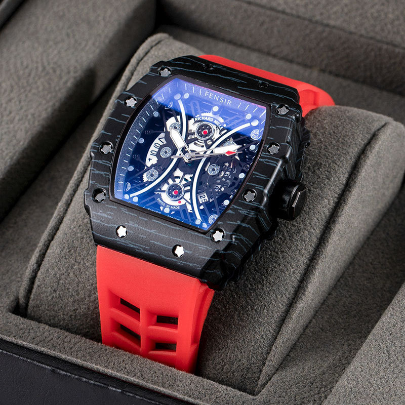 Fashion Tonneau RM Design Quartz Watches Rubber Strap Luminous Date Function Carbon Fiber Watch For Men