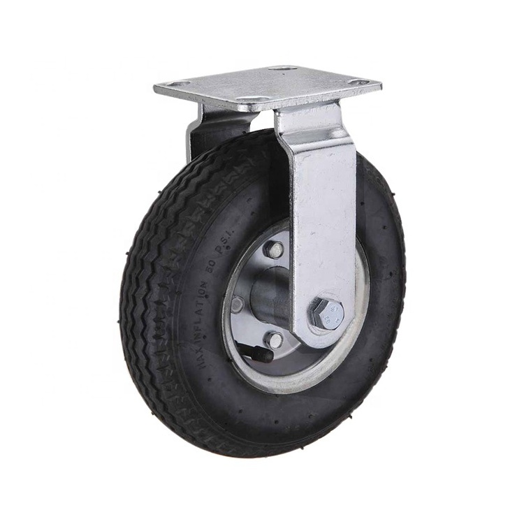 Top plate 10'' black rubber heavy duty caster wheel fixed trailer pneumatic wheel 8 inch flat free caster