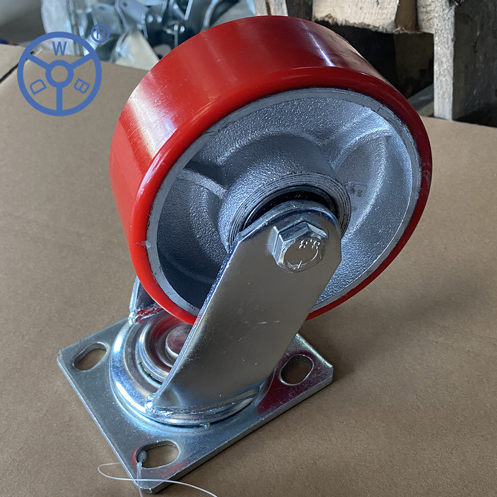 4 5 6 8 inch Red PU Cast iron core trolley wheel heavy duty industrial caster wheels