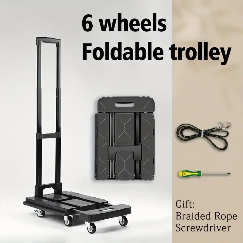 150kg Multifunctional Black 6 Wheel Heavy Duty Full Foldable Plastic Hand Trolley Storage Cart