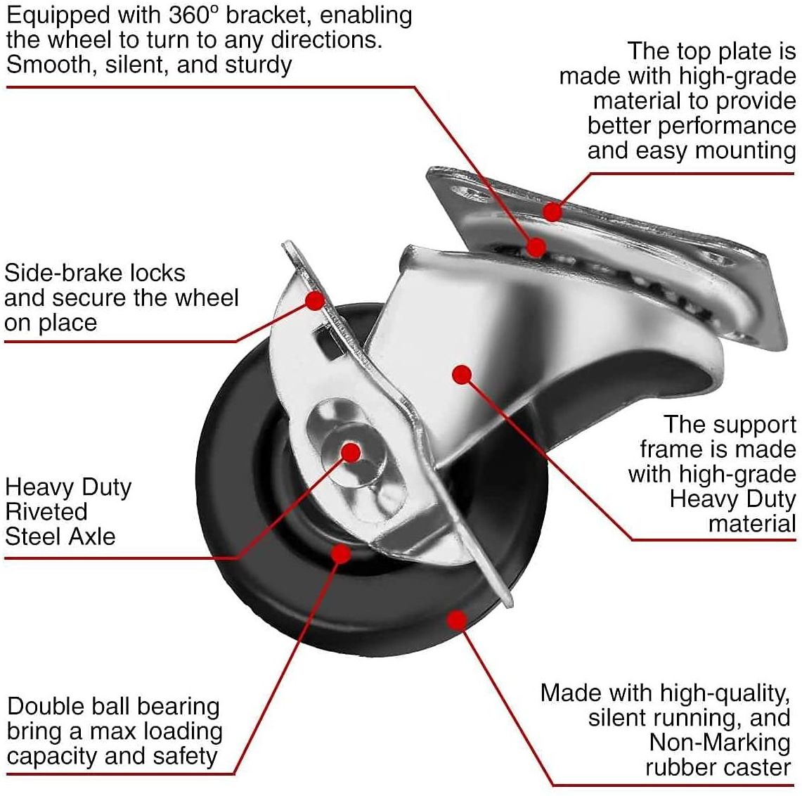 American type 50mm 2 inch rubber casters hard rubber wheel with side brake