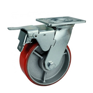 Heavy Duty 5" 300Kg PU Castors Wheels Sidde Brake With Brake Cast Iron Castor Wheels  Ruedas pesadas For Heavy Trolley