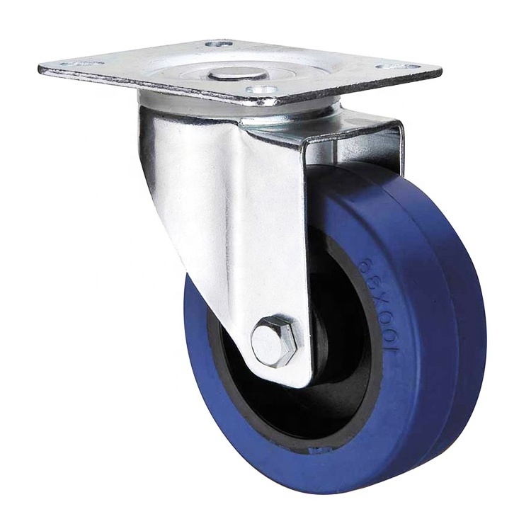 European type blue 4 inch elastic rubber industrial caster roulettes pour chariots heavy duty 100mm casters