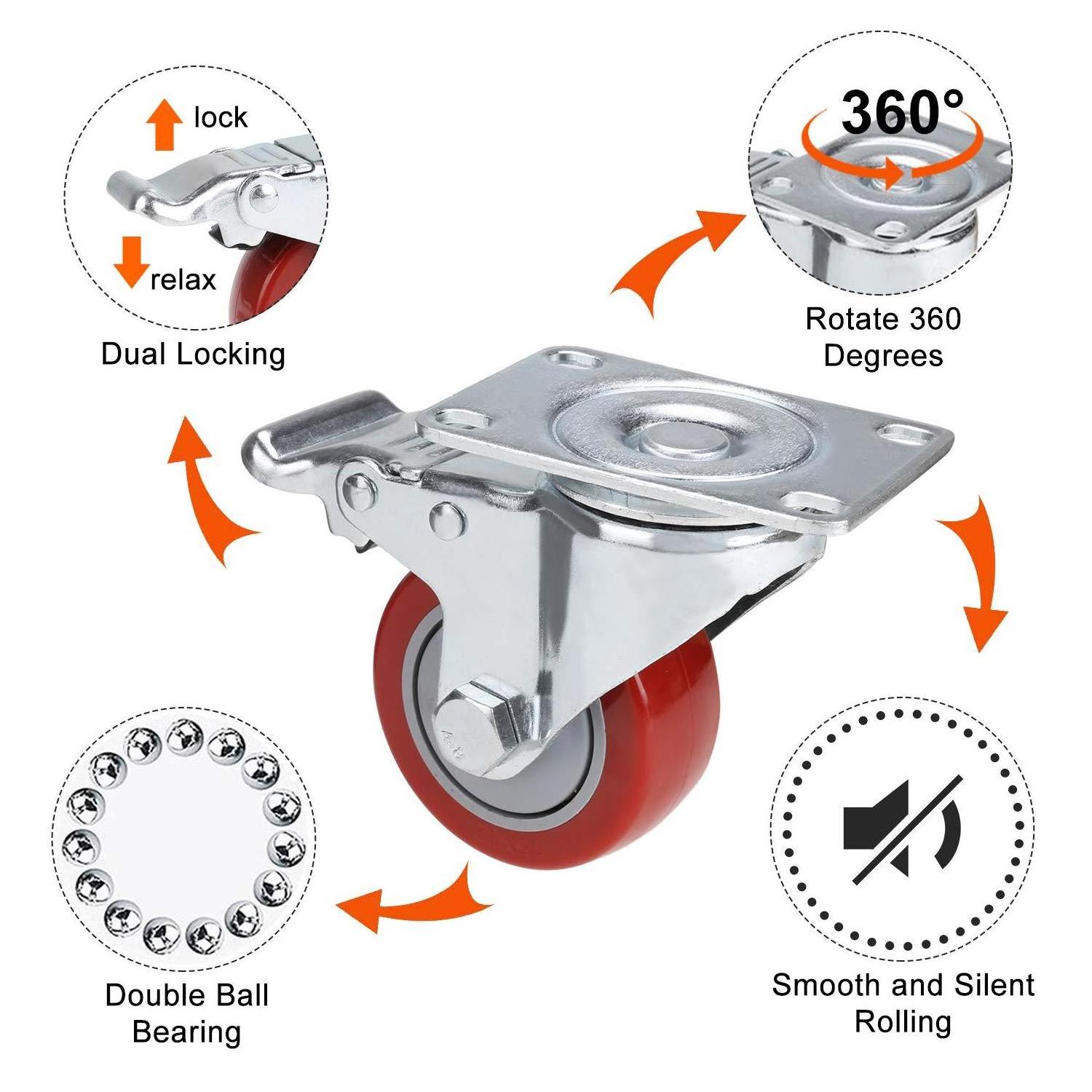 With cover Red 3/4/5 inch PU wheel castors  replacements swivel top plate threaded stem caster wheels for trolley