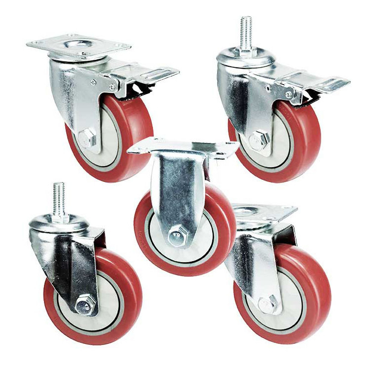 With cover Red 3/4/5 inch PU wheel castors  replacements swivel top plate threaded stem caster wheels for trolley