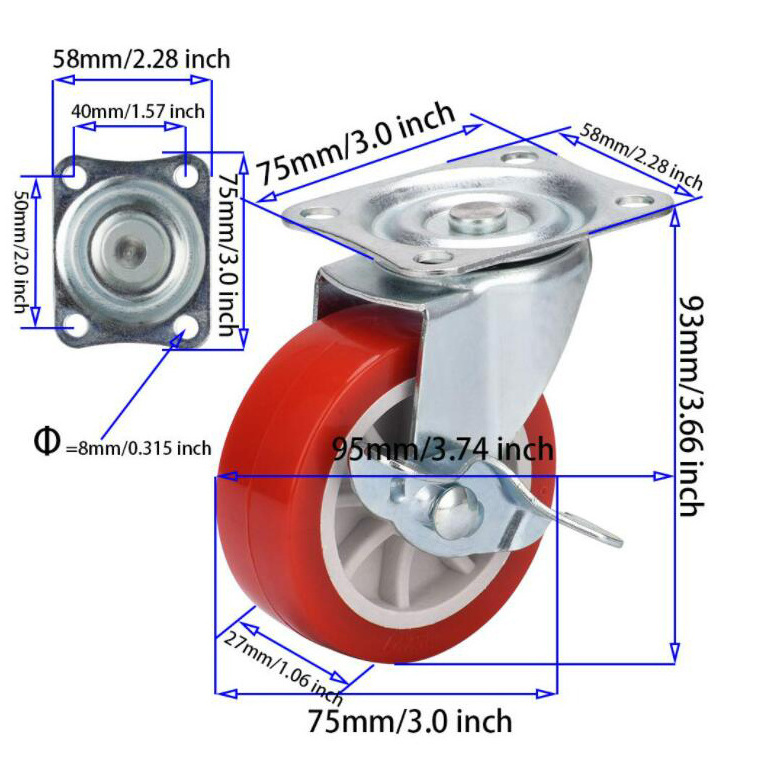 1/1.5/2/2.5/3 inch small rotating castor wheel pvc caster wheel with brake