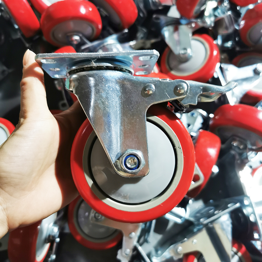 With cover Red 3/4/5 inch PU wheel castors  replacements swivel top plate threaded stem caster wheels for trolley