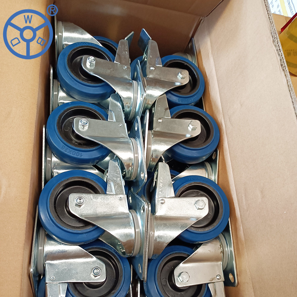 European type blue 4 inch elastic rubber industrial caster roulettes pour chariots heavy duty 100mm casters