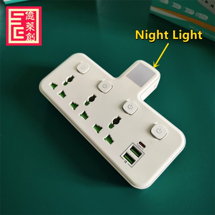 1 type c 2 usb 3 ways outlet universal power strips with night light wall power socket with type c port