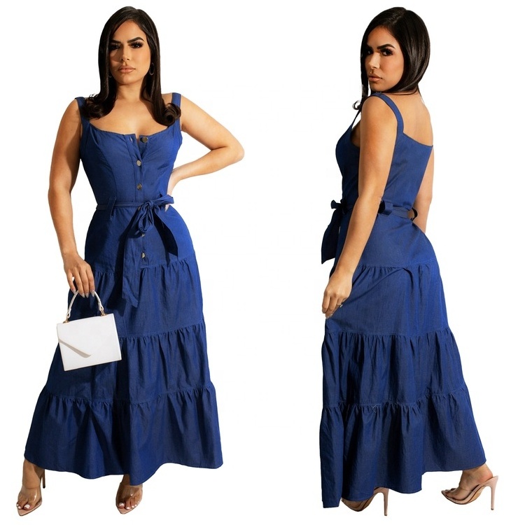 2022 Latest Ladies Party Dress Denim Large Long Skirt  Designs Summer Casual Dress Overall Jean Dress