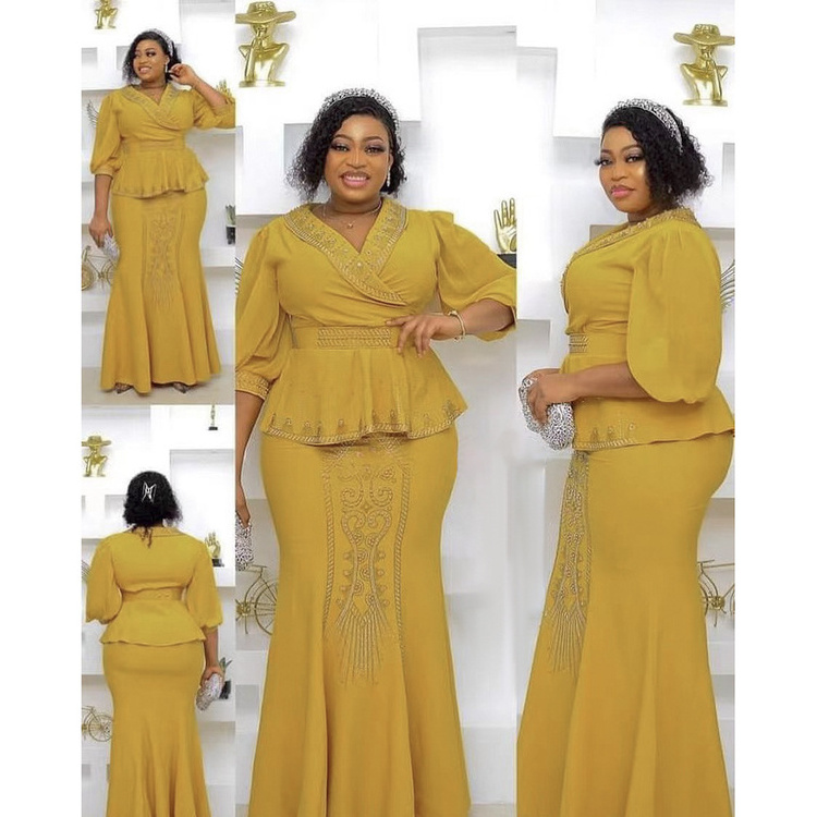 Women Maxi Turkey Dress Ladies African Plus Size Sequins Dresses Beaded Evening Dress Elegant Formal Office Wear Two Piece Set