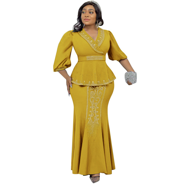 Women Maxi Turkey Dress Ladies African Plus Size Sequins Dresses Beaded Evening Dress Elegant Formal Office Wear Two Piece Set