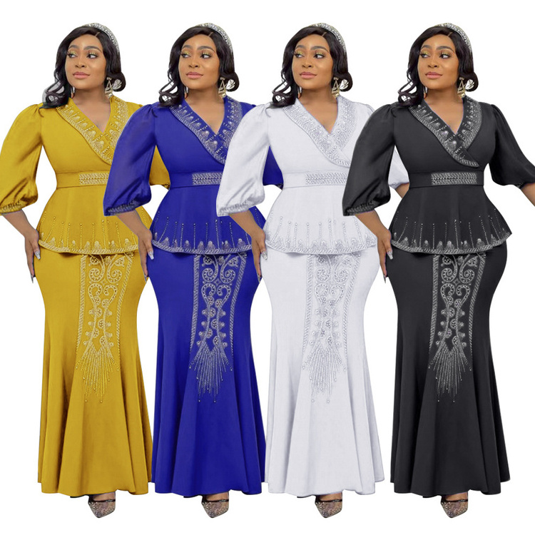 Women Maxi Turkey Dress Ladies African Plus Size Sequins Dresses Beaded Evening Dress Elegant Formal Office Wear Two Piece Set