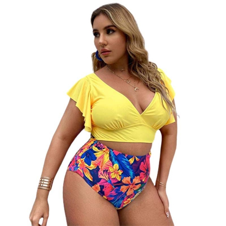 2023 Summer Beach Wear Over Plus Large Size Lady Separate Ruffle Swimsuit High Waist Two Piece Bikini Set