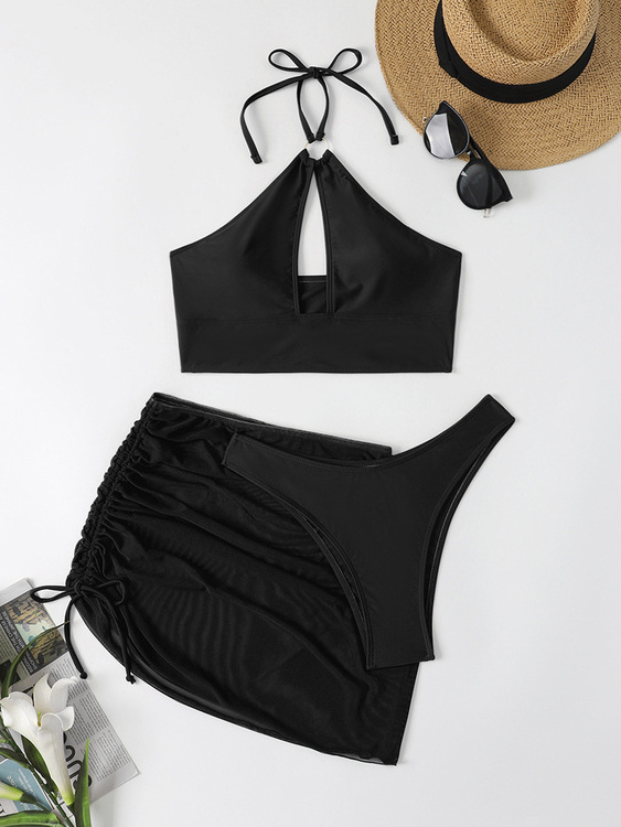 Hot Sell Ladies Swimsuit Transparent Cover Up  Women Biquini Swimwear Beachwear Black 3 Piece Halter Bikini With Mesh Skirt