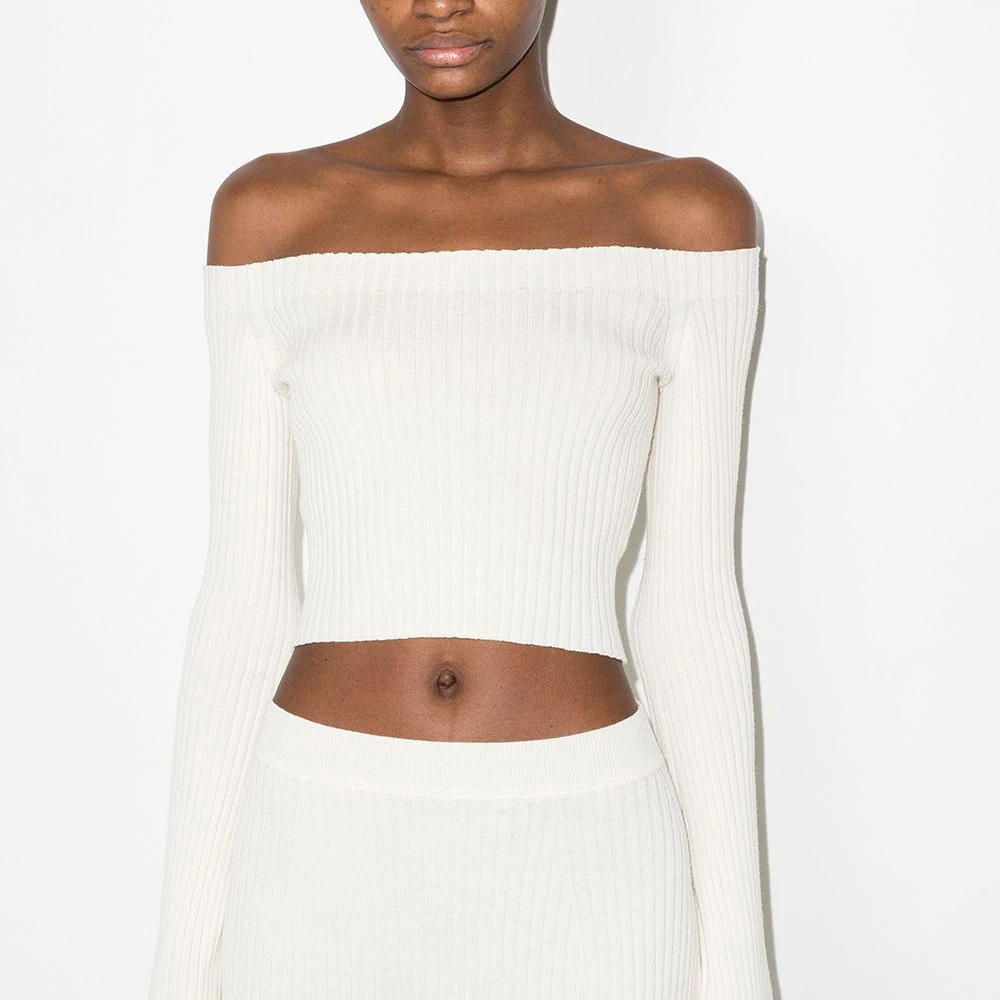 Custom Solid Off Shoulder Long-sleeves Cropped Jumper Wool-Blend Crop Top Ribbed Knit Women Sweater