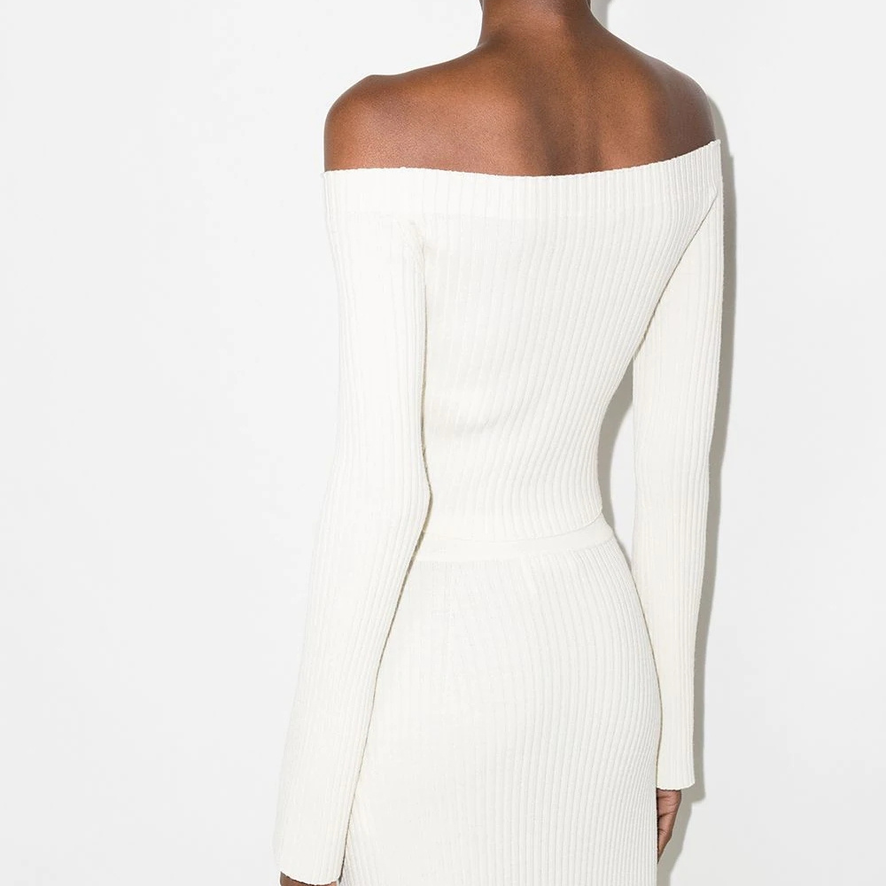 Custom Solid Off Shoulder Long-sleeves Cropped Jumper Wool-Blend Crop Top Ribbed Knit Women Sweater