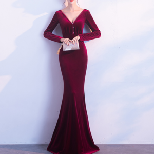 Custom Oem Velvet Sexy Ladies Backless Deep V Women's Evening Dress Applique Backless Formal Evening Gowns