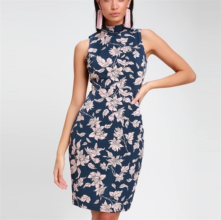 Custom Oem Designer Bodycon Dress Women 2021 Sexy Floral Print Dress Korean Clubwear Dress Sexy Bodycon