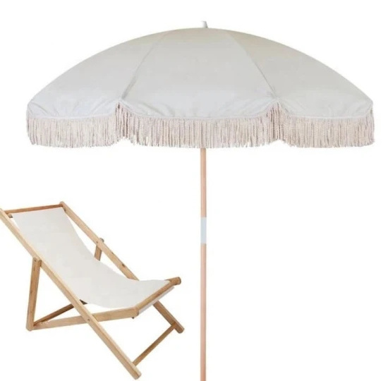 Wooden Pole Fringed Beach Sun Parasol Umbrella with Cotton Tassels