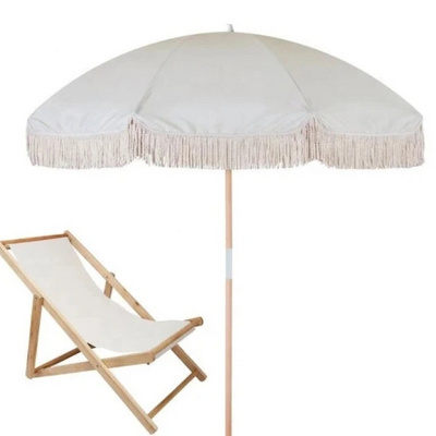 Wooden Pole Fringed Beach Sun Parasol Umbrella with Cotton Tassels