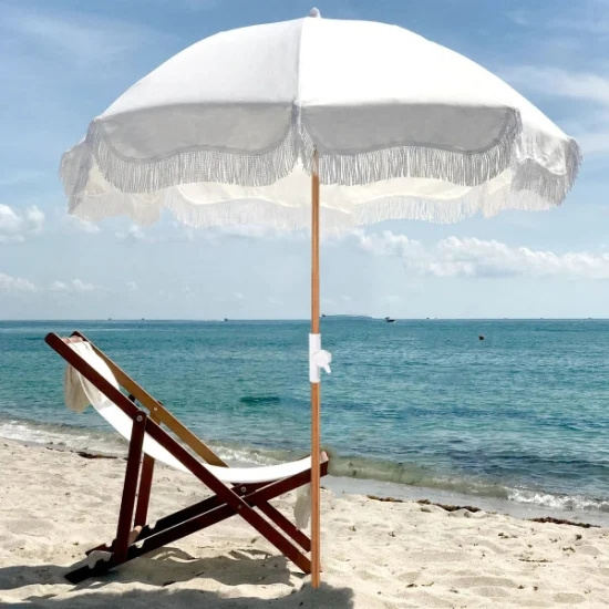 Wooden Pole Fringed Beach Sun Parasol Umbrella with Cotton Tassels