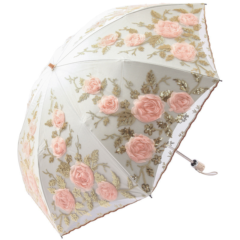 Lace embroidered umbrella vinyl UV protection tiger bone two fold sunshade umbrella factory mixed wholesale gifts