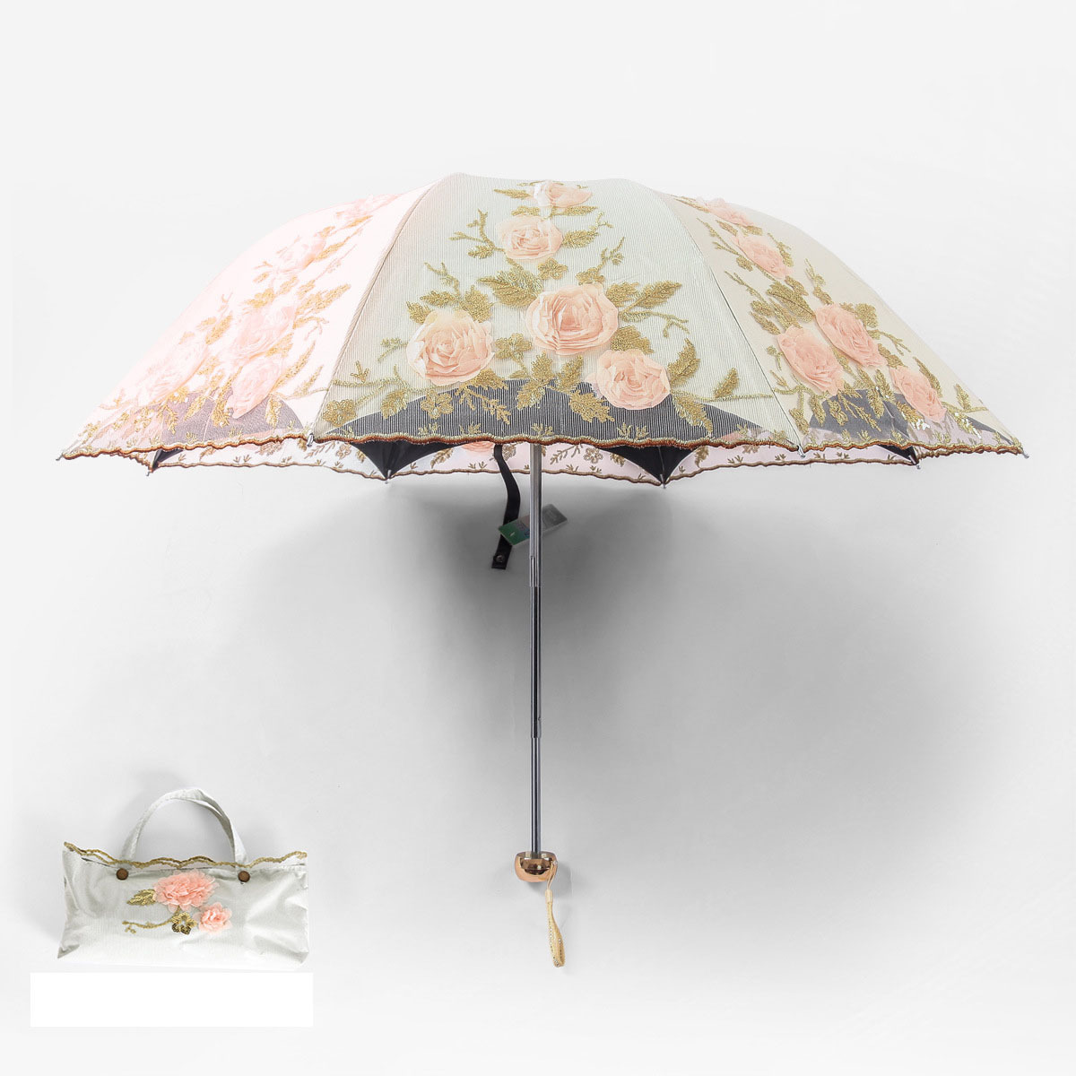 Lace embroidered umbrella vinyl UV protection tiger bone two fold sunshade umbrella factory mixed wholesale gifts